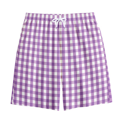 Purple And White Check Pattern Print Cotton Shorts