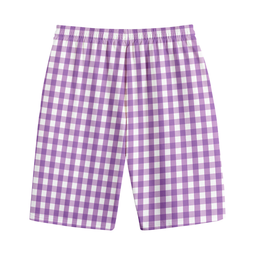 Purple And White Check Pattern Print Cotton Shorts