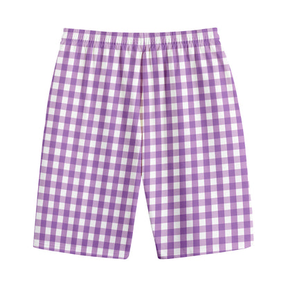 Purple And White Check Pattern Print Cotton Shorts