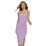 Purple And White Check Pattern Print Cross Back Cami Dress