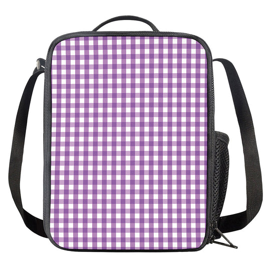 Purple And White Check Pattern Print Crossbody Lunch Bag