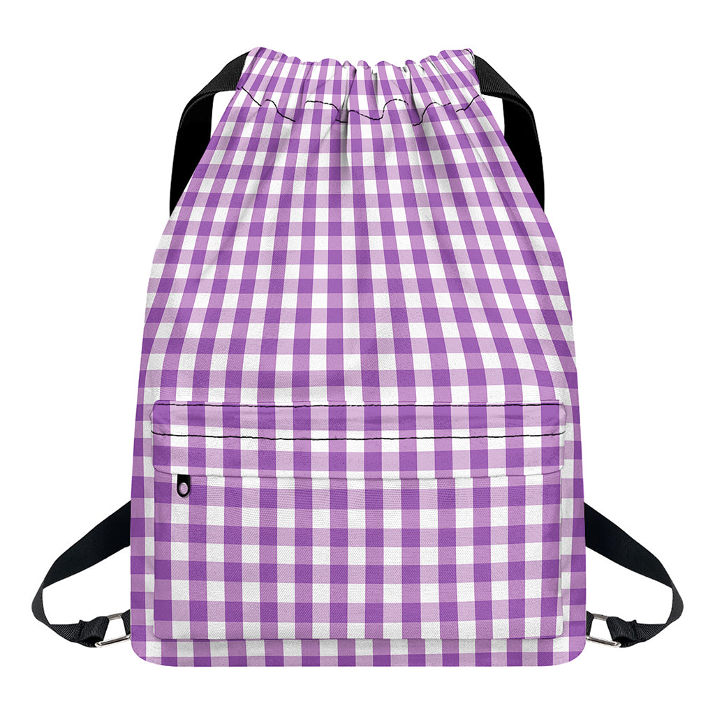 Purple And White Check Pattern Print Drawstring Backpack