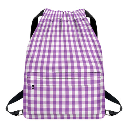 Purple And White Check Pattern Print Drawstring Backpack