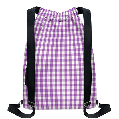 Purple And White Check Pattern Print Drawstring Backpack
