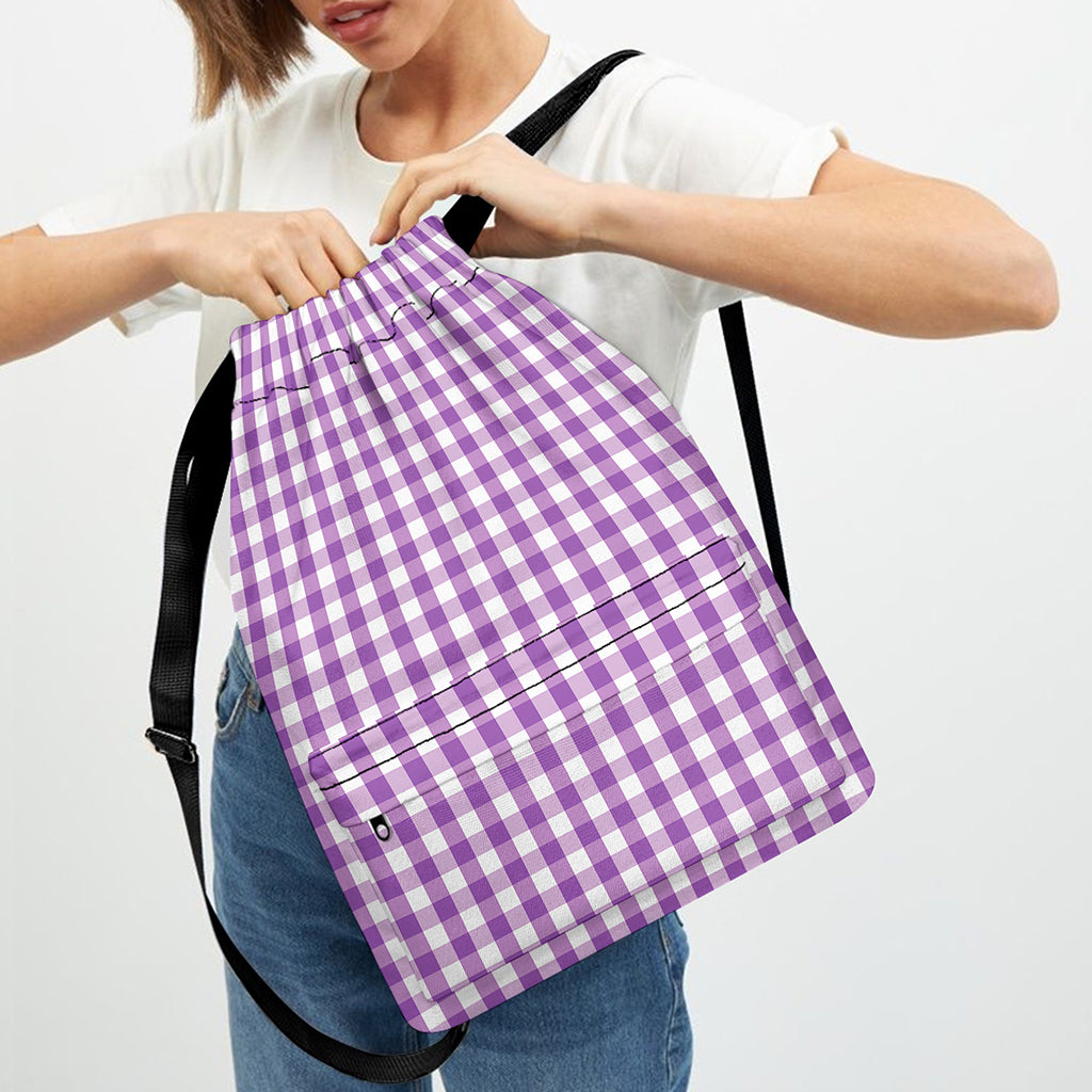 Purple And White Check Pattern Print Drawstring Backpack