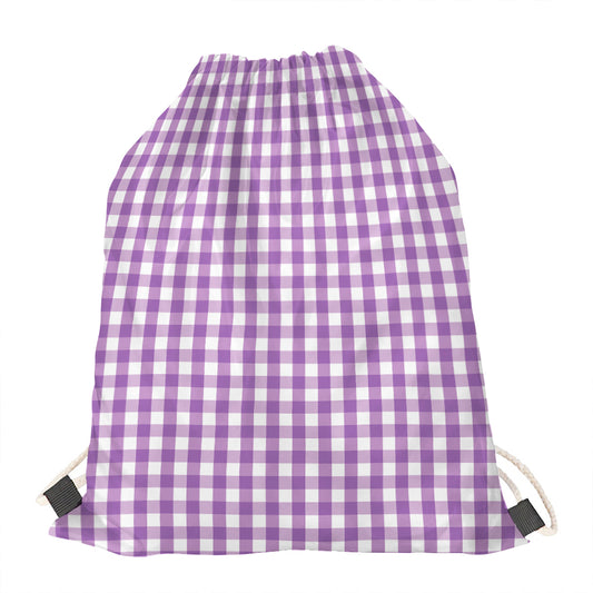 Purple And White Check Pattern Print Drawstring Bag