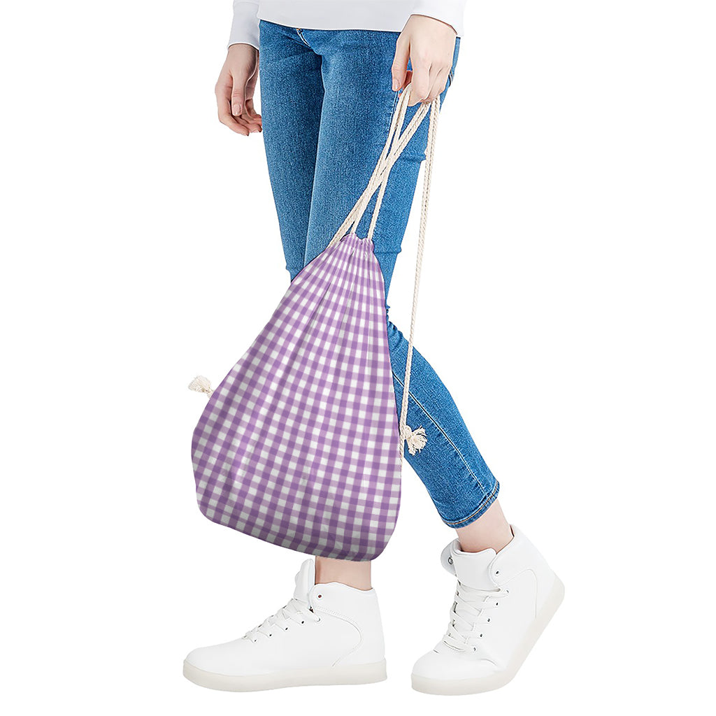 Purple And White Check Pattern Print Drawstring Bag