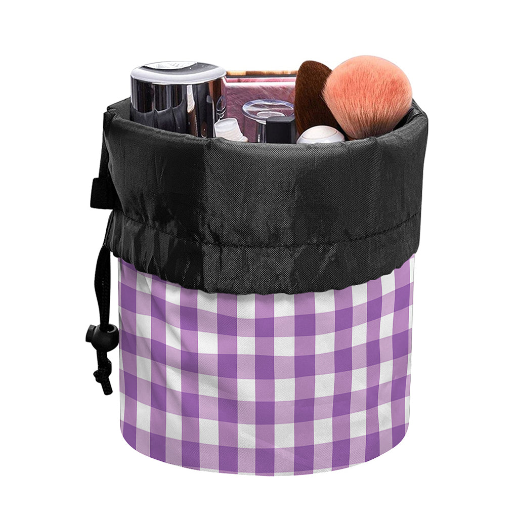Purple And White Check Pattern Print Drawstring Makeup Bag