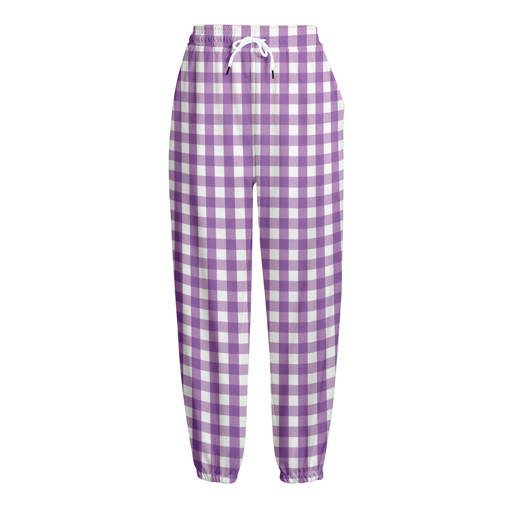 Purple And White Check Pattern Print Fleece Lined Knit Pants