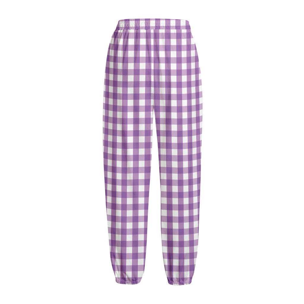 Purple And White Check Pattern Print Fleece Lined Knit Pants