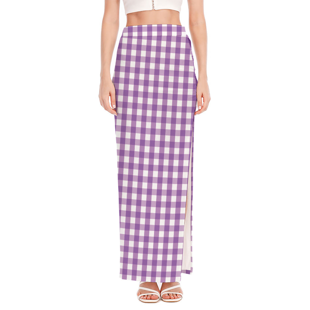 Purple And White Check Pattern Print High Slit Maxi Skirt