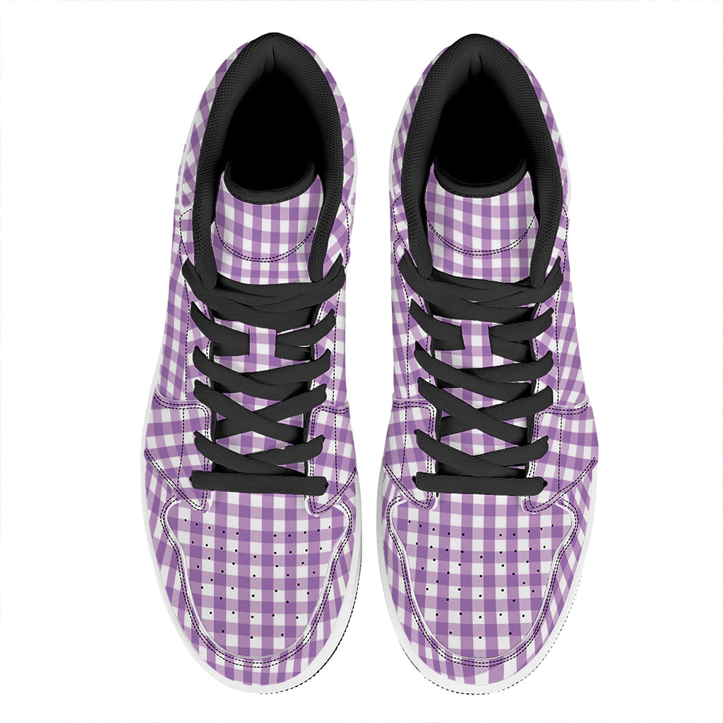 Purple And White Check Pattern Print High Top Leather Sneakers