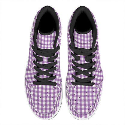 Purple And White Check Pattern Print High Top Leather Sneakers