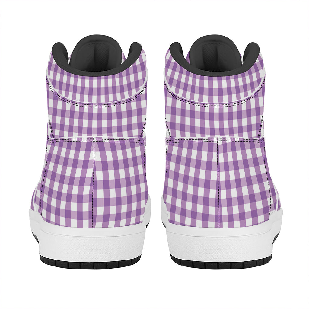 Purple And White Check Pattern Print High Top Leather Sneakers