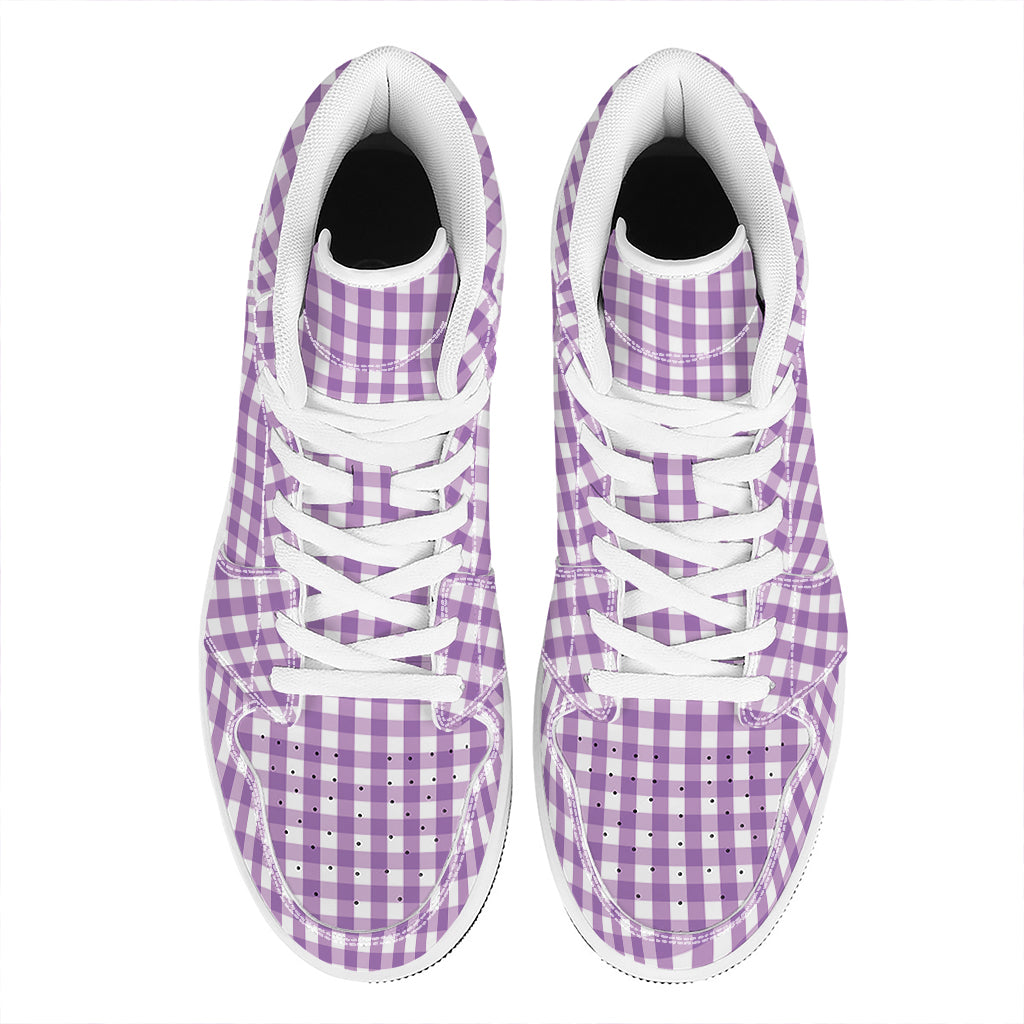 Purple And White Check Pattern Print High Top Leather Sneakers
