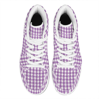 Purple And White Check Pattern Print High Top Leather Sneakers