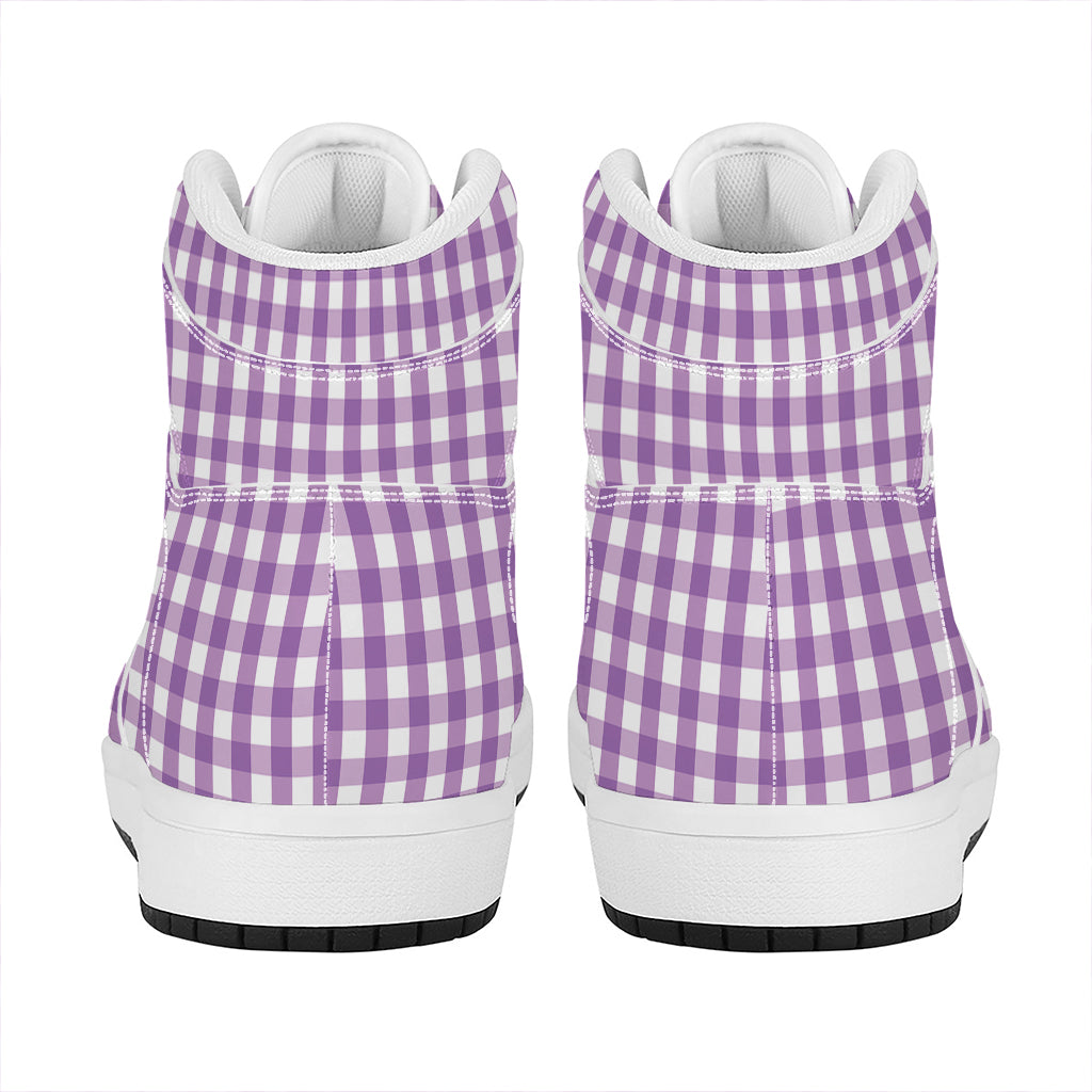 Purple And White Check Pattern Print High Top Leather Sneakers