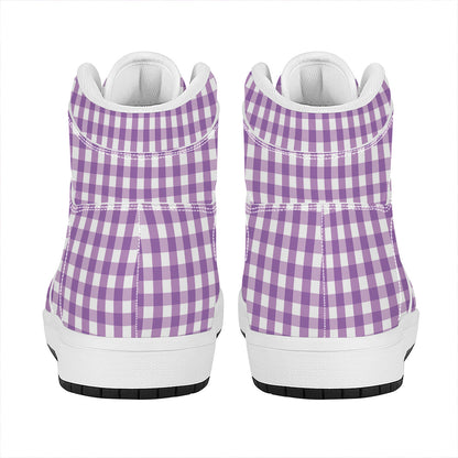 Purple And White Check Pattern Print High Top Leather Sneakers
