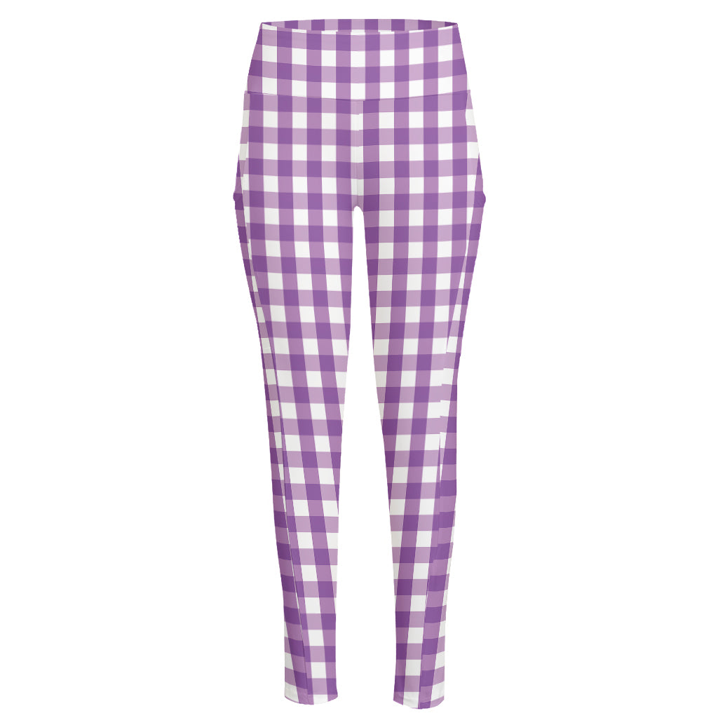 Purple And White Check Pattern Print High-Waisted Pocket Leggings
