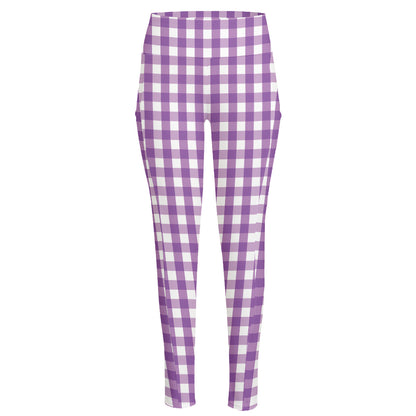 Purple And White Check Pattern Print High-Waisted Pocket Leggings