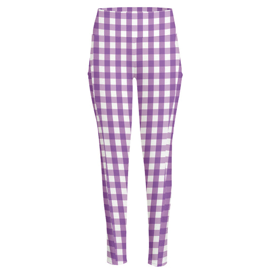 Purple And White Check Pattern Print High-Waisted Pocket Leggings