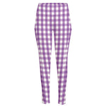 Purple And White Check Pattern Print High-Waisted Pocket Leggings