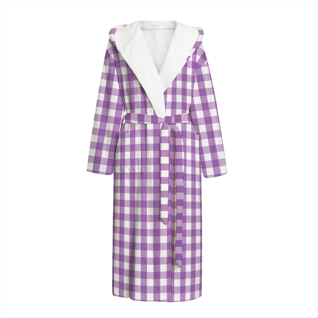 Purple And White Check Pattern Print Hooded Bathrobe