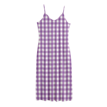 Purple And White Check Pattern Print Jersey Midi Cami Dress