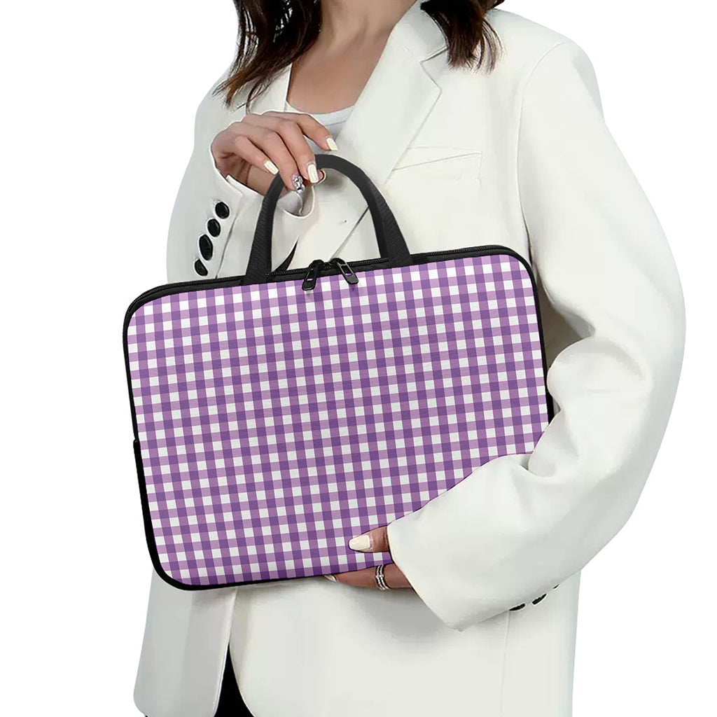 Purple And White Check Pattern Print Laptop Sleeve With Handle