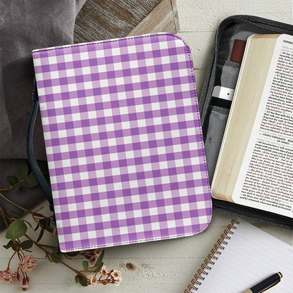 Purple And White Check Pattern Print Leather Bible Cover