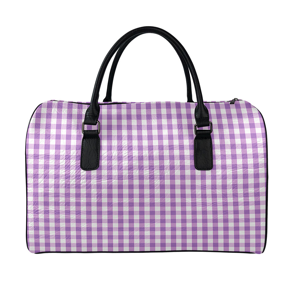 Purple And White Check Pattern Print Leather Duffle Bag