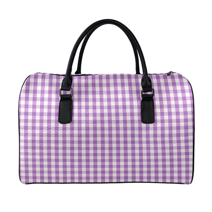 Purple And White Check Pattern Print Leather Duffle Bag