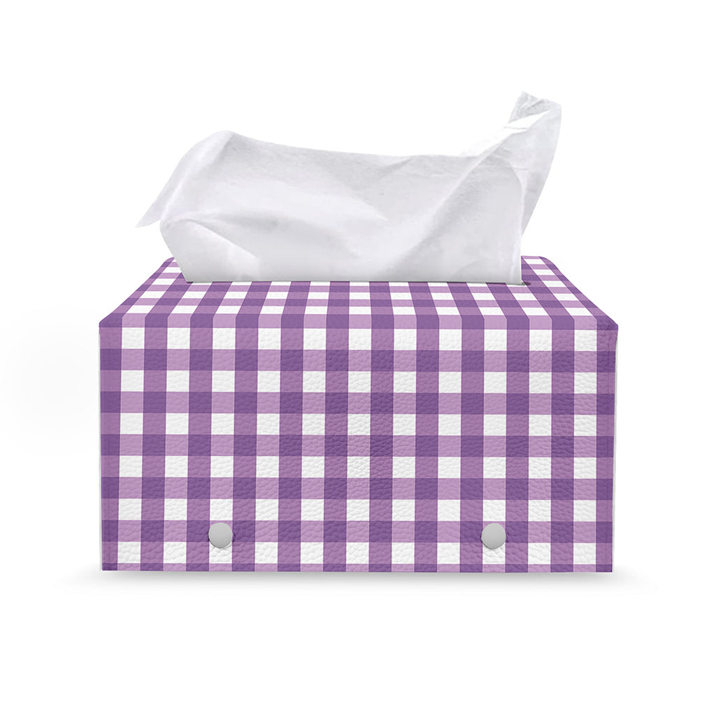 Purple And White Check Pattern Print Leather Tissue Box Cover