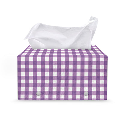 Purple And White Check Pattern Print Leather Tissue Box Cover