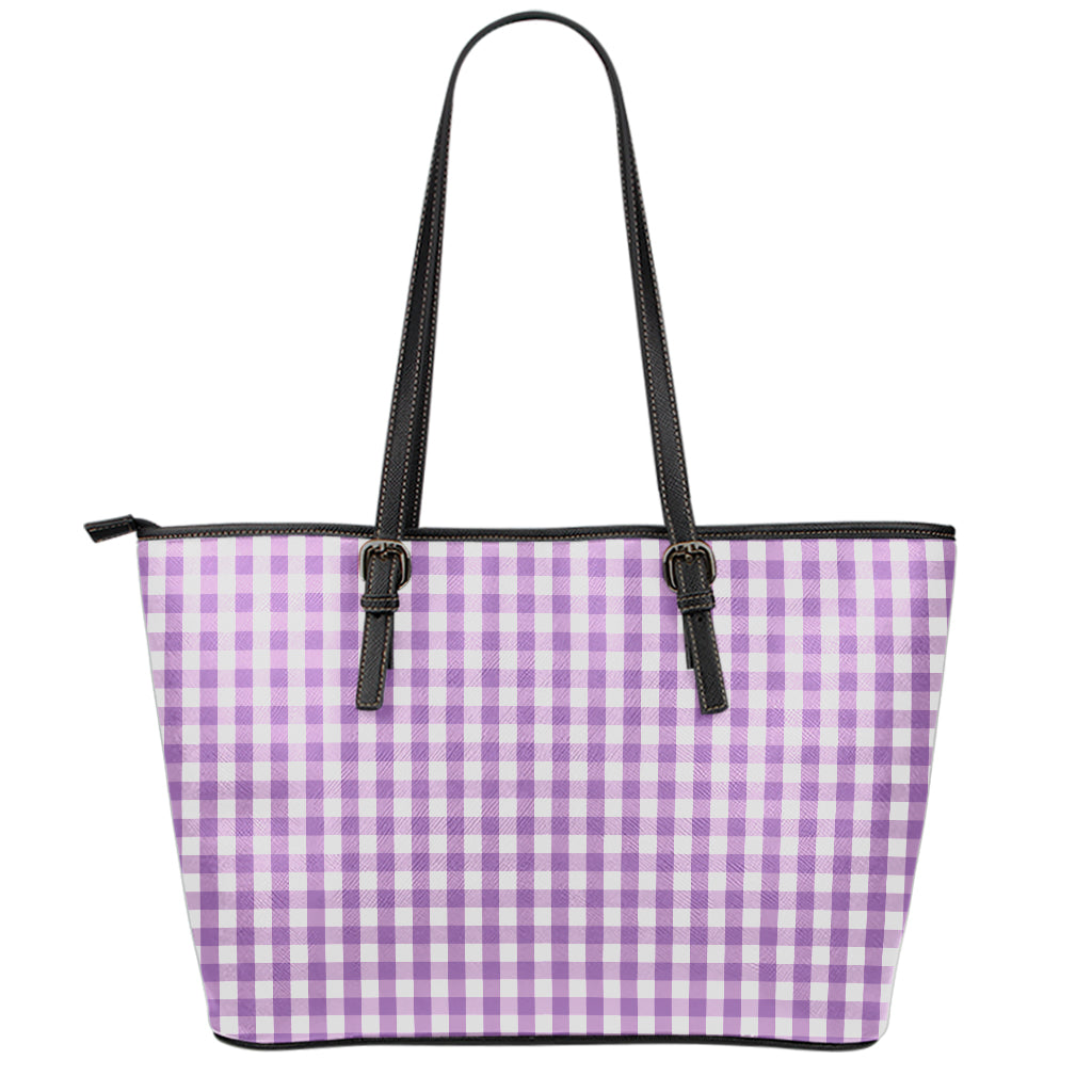Purple And White Check Pattern Print Leather Tote Bag