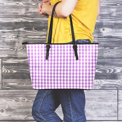 Purple And White Check Pattern Print Leather Tote Bag