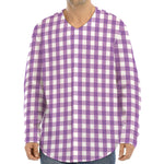 Purple And White Check Pattern Print Long Sleeve Baseball Jersey
