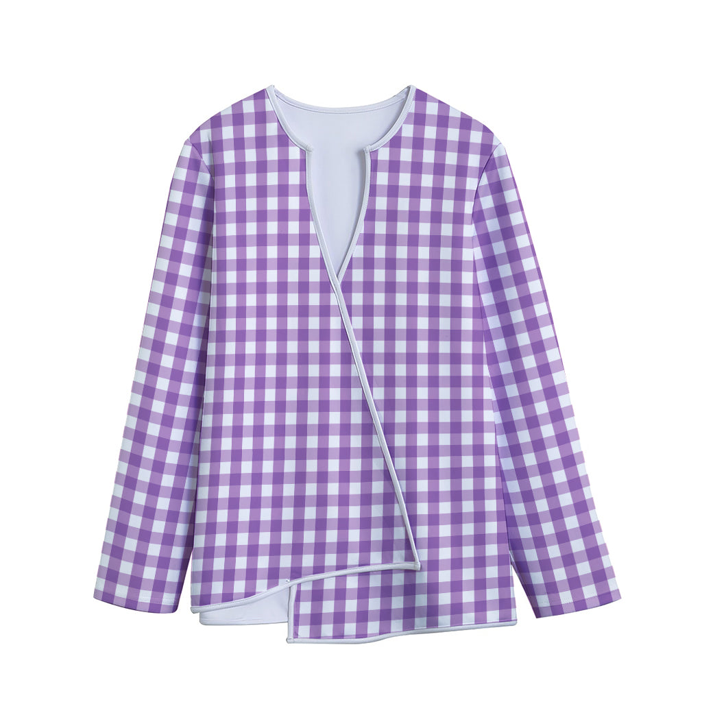 Purple And White Check Pattern Print Long Sleeve Short Coat