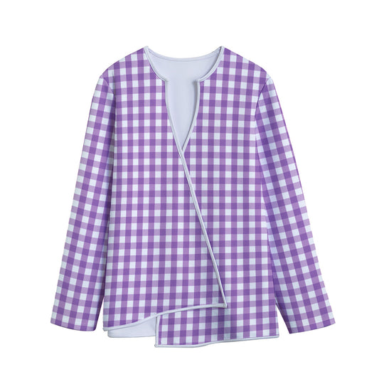 Purple And White Check Pattern Print Long Sleeve Short Coat