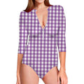 Purple And White Check Pattern Print Long Sleeve Swimsuit