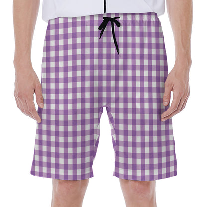 Purple And White Check Pattern Print Men's Beach Shorts