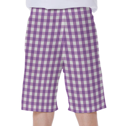 Purple And White Check Pattern Print Men's Beach Shorts