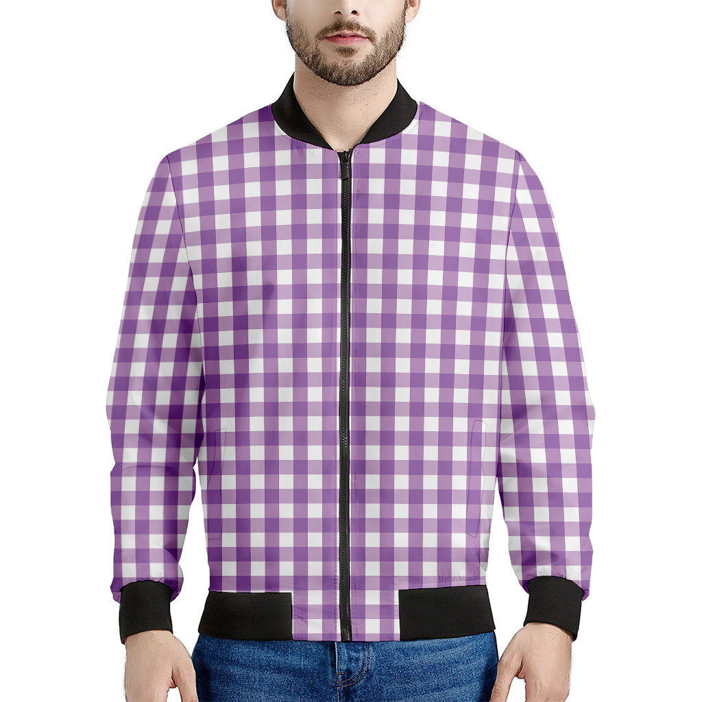 Purple And White Check Pattern Print Men's Bomber Jacket