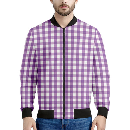 Purple And White Check Pattern Print Men's Bomber Jacket