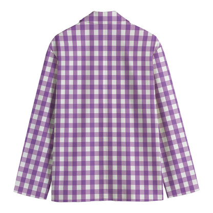 Purple And White Check Pattern Print Men's Cotton Blazer