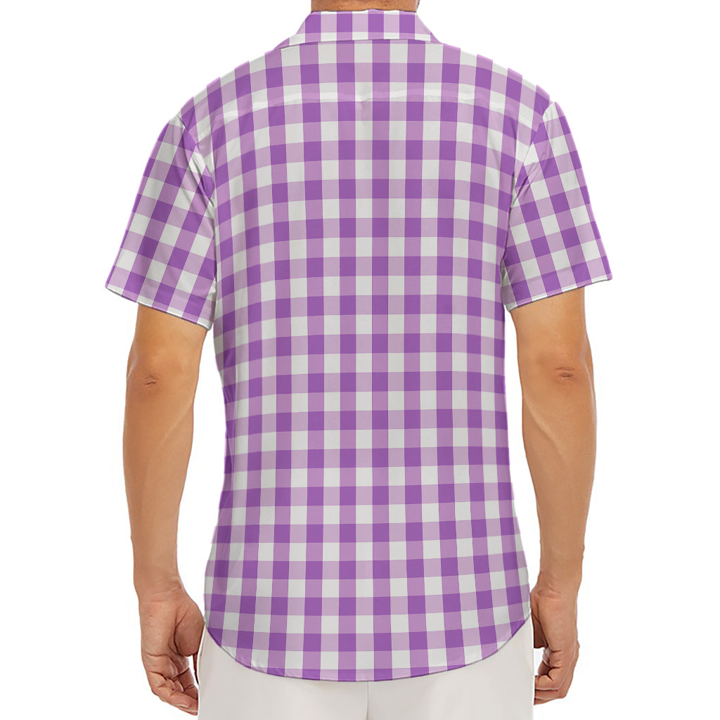 Purple And White Check Pattern Print Men's Deep V-Neck Shirt