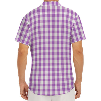Purple And White Check Pattern Print Men's Deep V-Neck Shirt