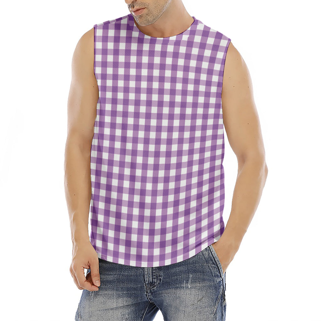 Purple And White Check Pattern Print Men's Fitness Tank Top