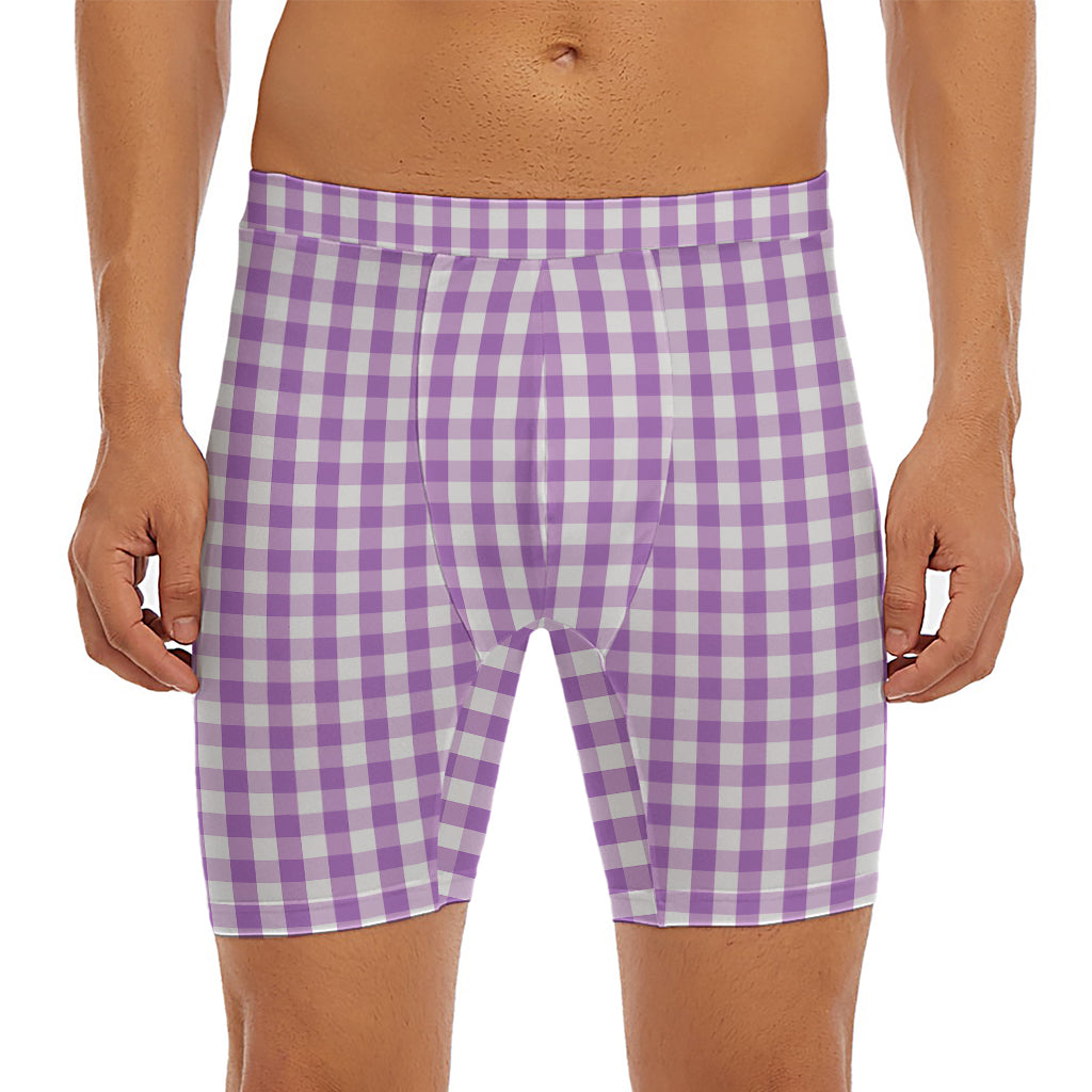 Purple And White Check Pattern Print Men's Long Boxer Briefs