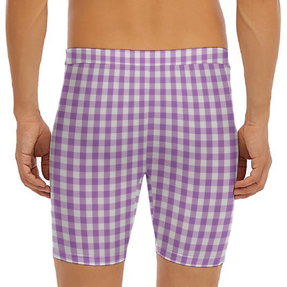 Purple And White Check Pattern Print Men's Long Boxer Briefs